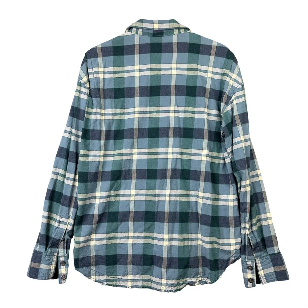 Free People One of the Guys Plaid Shirt Blue Green Frayed Hem Oversized S P